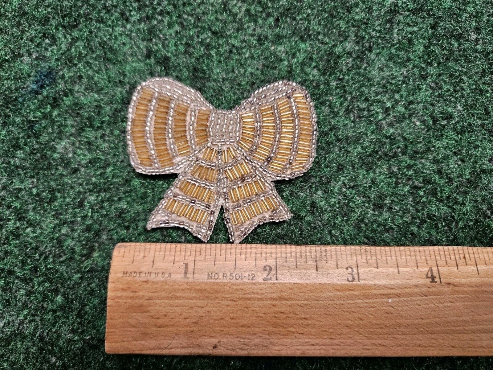 Hand Made Beaded Bow Brooch Pin Garment Embellishment Gold Clear 2.5"
