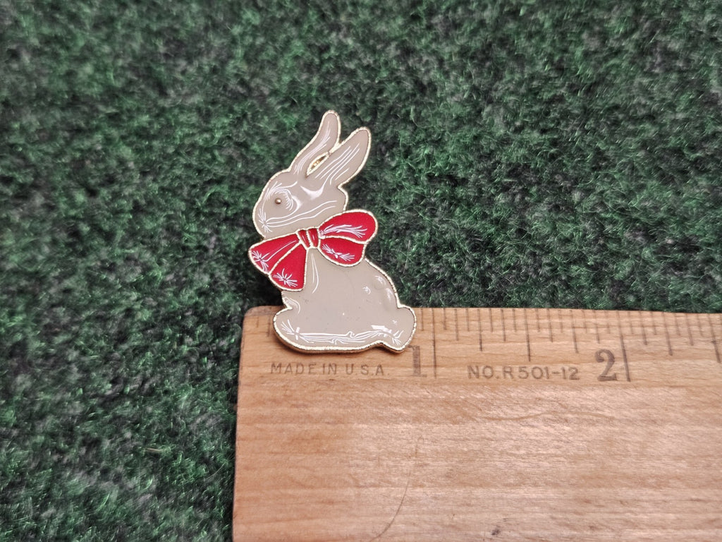White Bunny Rabbit with Red Bow Brooch Lapel Hat Pin Enamel on Gold Tone Metal