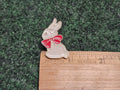 White Bunny Rabbit with Red Bow Brooch Lapel Hat Pin Enamel on Gold Tone Metal