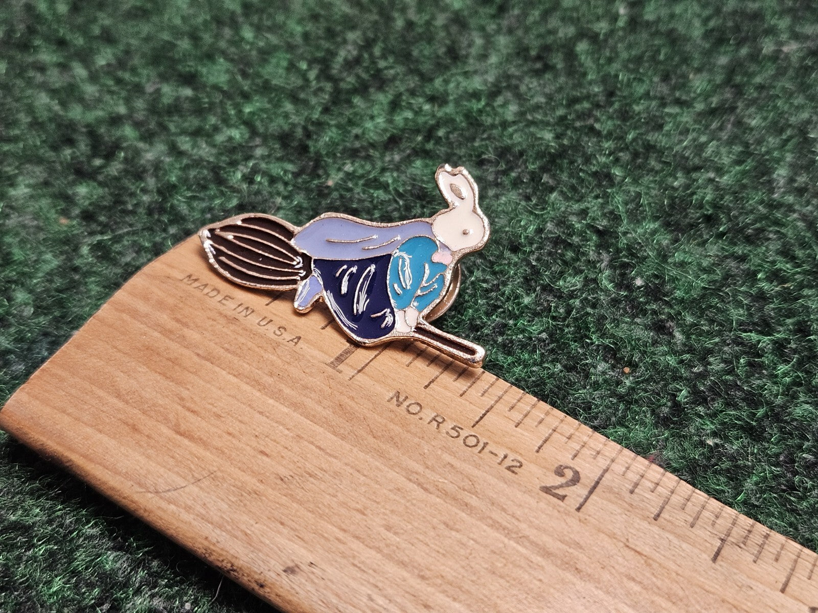 Rabbit On Broomstick - Enamel Lapel Pin Brooch Snap On