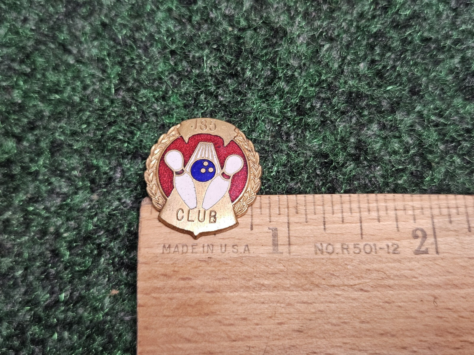 185 Club Bowling Ball and Pins Gold Tone Vintage Lapel Pin