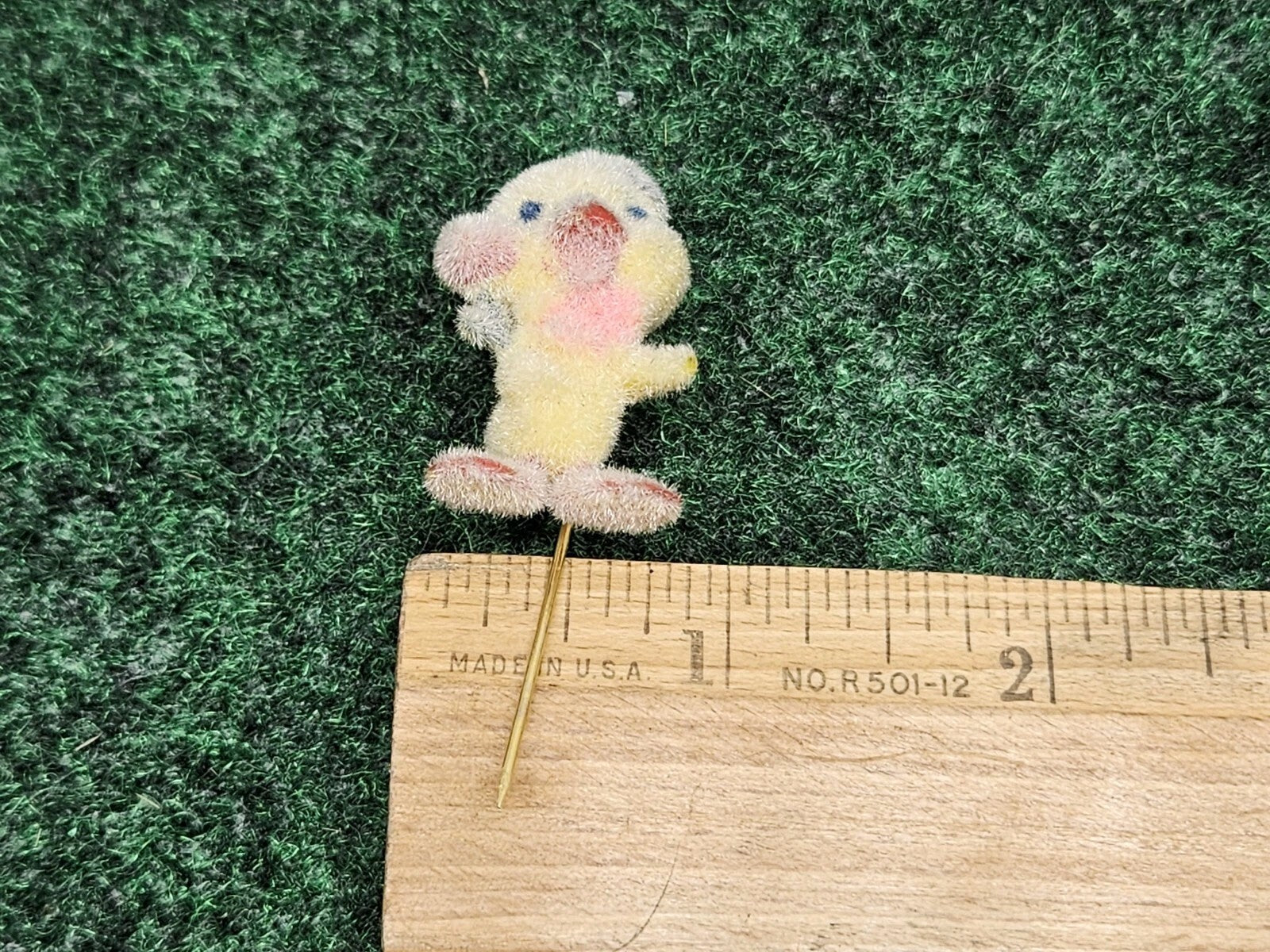 Vintage Flocked Duck Chick Stick Pin Brooch Miniature Jewelry Easter 2.25”