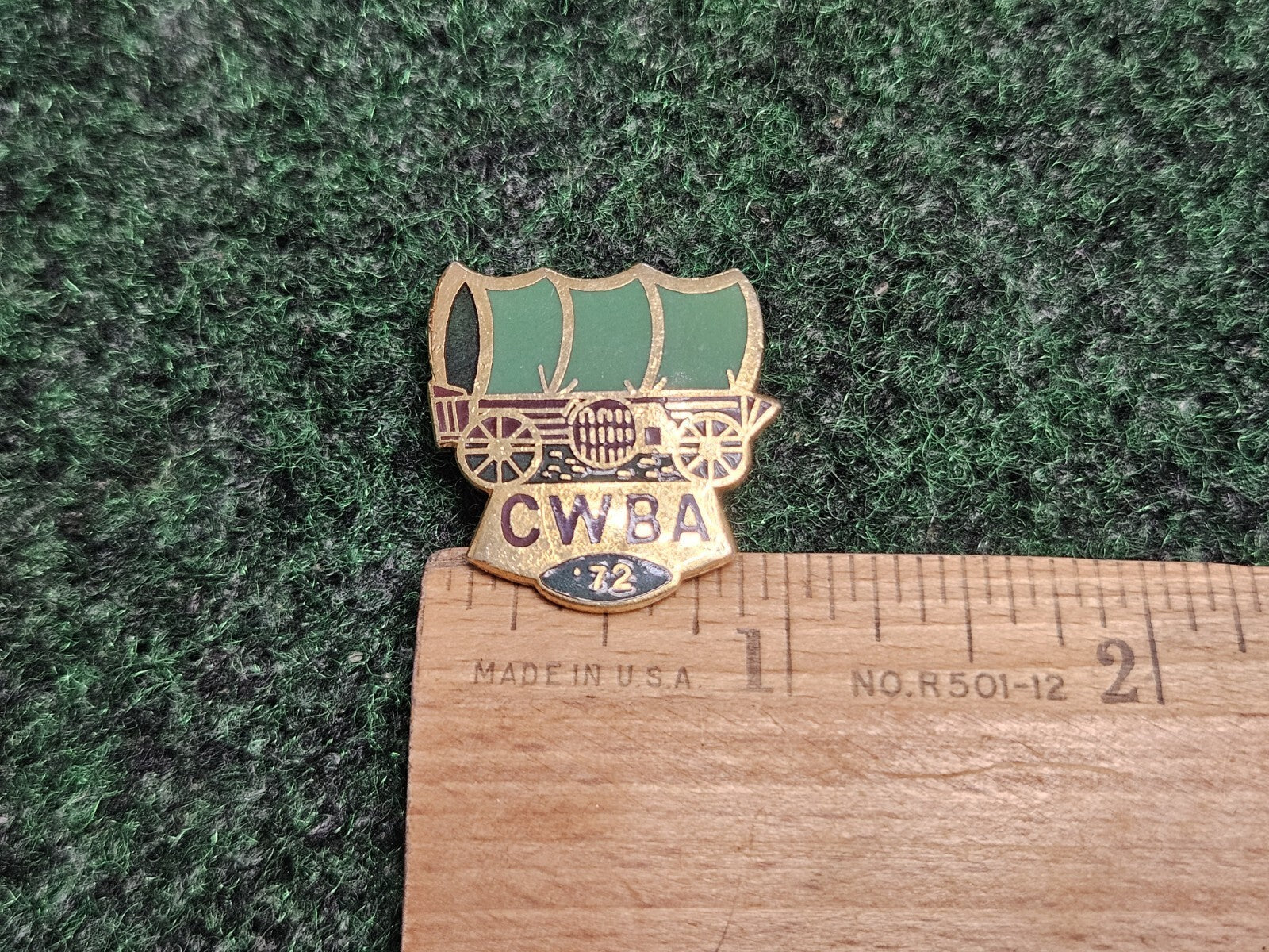 CWBA 1972 Covered Wagon Green Enamel Souvenir Goldtone Metal Lapel Pin Pinback