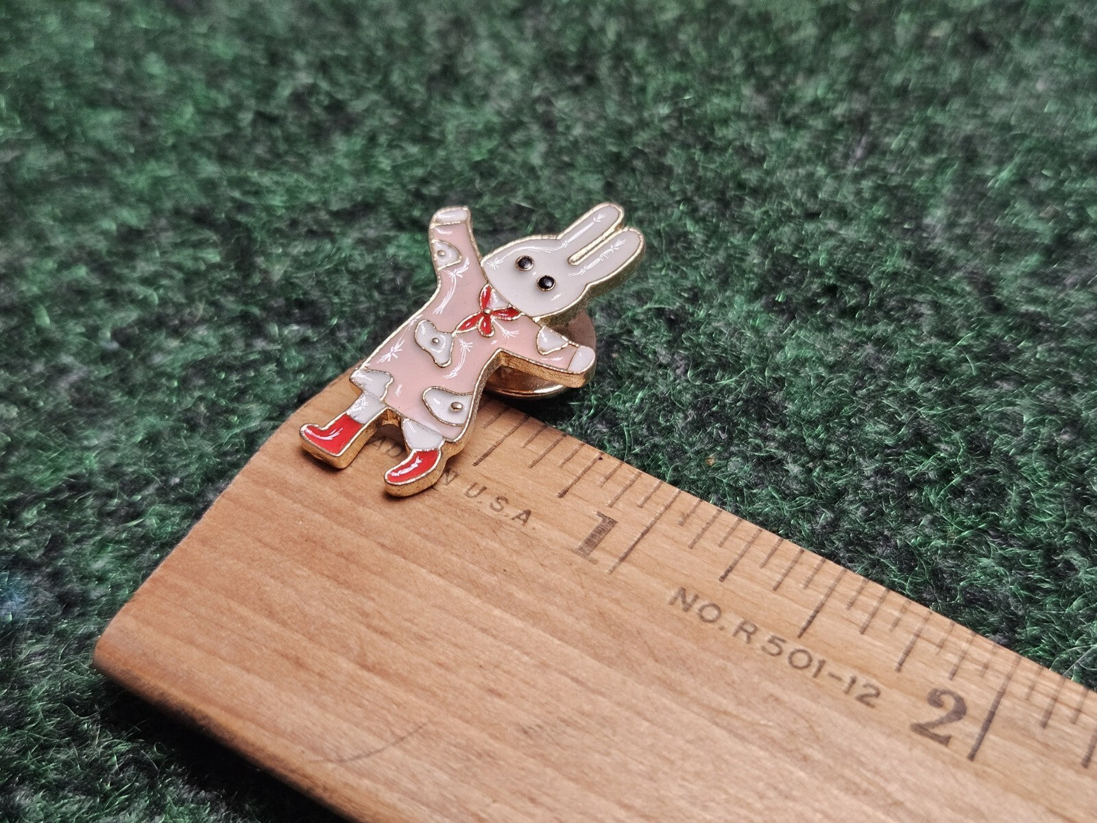 Small Metal Enamel Lapel Pin Pinback White Rabbit Bunny Pink Dress Red Boots