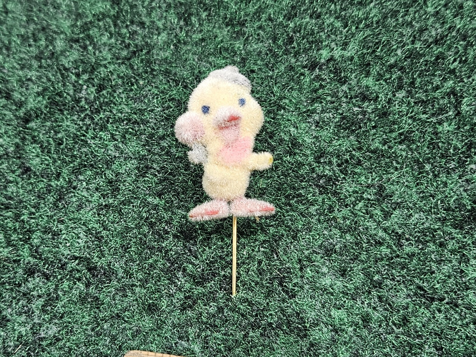 Vintage Flocked Duck Chick Stick Pin Brooch Miniature Jewelry Easter 2.25”