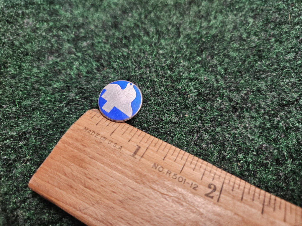 Nice Vintage Small Dove & Cross Religious Christian Round Blue & Silver Pin