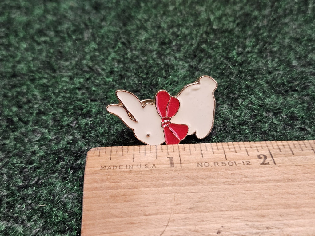 White Bunny Rabbit with Red Bow Brooch Lapel Hat Pin Enamel on Gold Tone Metal