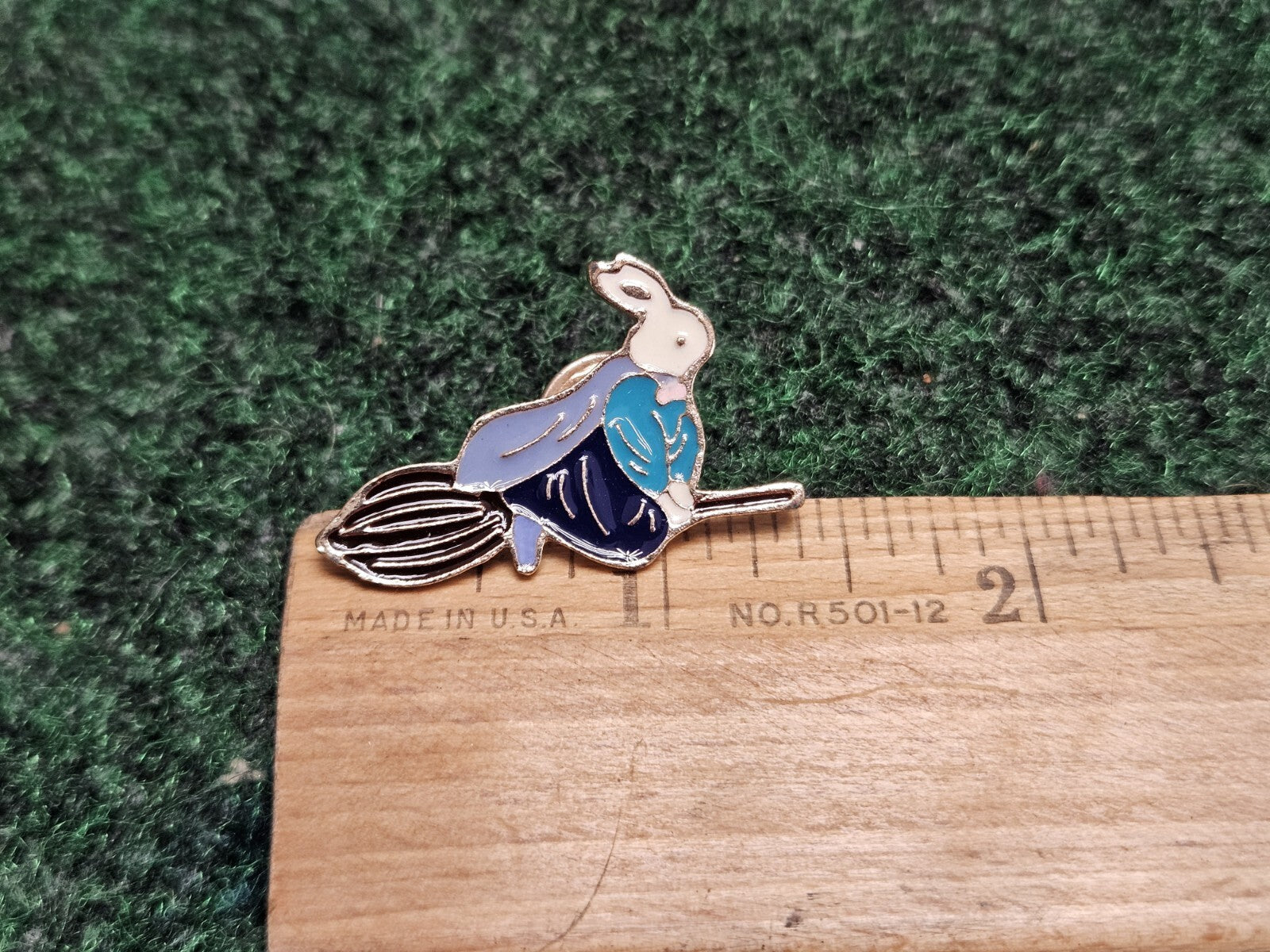 Rabbit On Broomstick - Enamel Lapel Pin Brooch Snap On